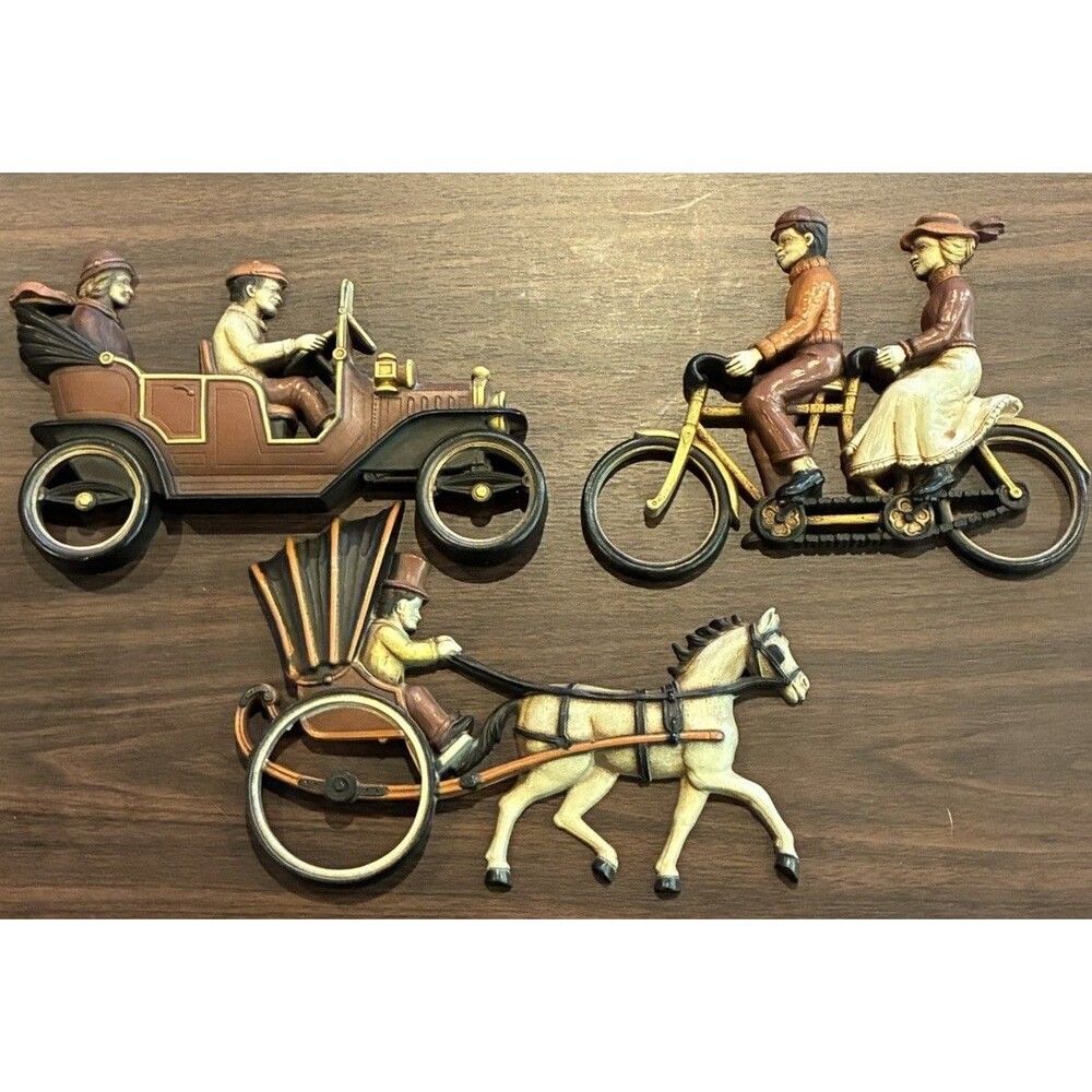 Vtg Homco Wall Plaques 3 Pc Set 1975 Americana Car Bicycle Carriage 7357-7359